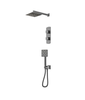 Combo of Aquamax Thermostatic Shower Mixer with 2-way diverter , Shower Arm, Overhead Shower, Hand Shower, Shower Hose & Wall Outlet - Black Chrome