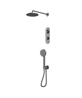 Combo of Aquamax Thermostatic Shower Mixer with 2-way diverter , Shower Arm, Overhead Shower, Hand Shower, Shower Hose & Wall Outlet - Black Chrome