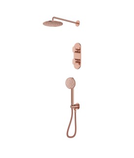 Combo of Aquamax Thermostatic Shower Mixer with 2-way diverter , Shower Arm, Overhead Shower, Hand Shower, Shower Hose & Wall Outlet - Blush Gold PVD