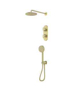 Combo of Aquamax Thermostatic Shower Mixer with 2-way diverter , Shower Arm, Overhead Shower, Hand Shower, Shower Hose & Wall Outlet - Brass Matt